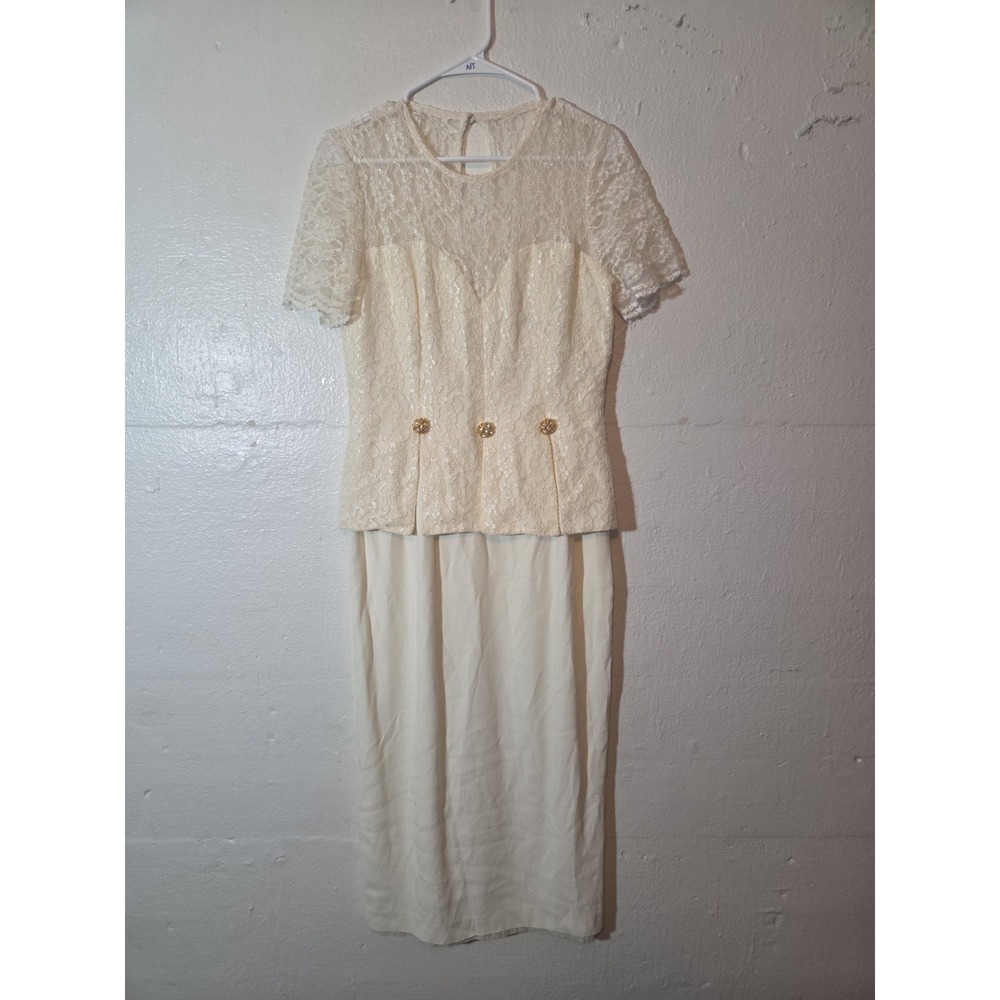 Vintage White Cream Dress Size 10 Short Sleeve Lacey Lined Back Zipper Romantic